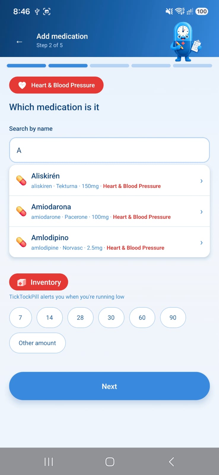 TickTockPill medication search screen